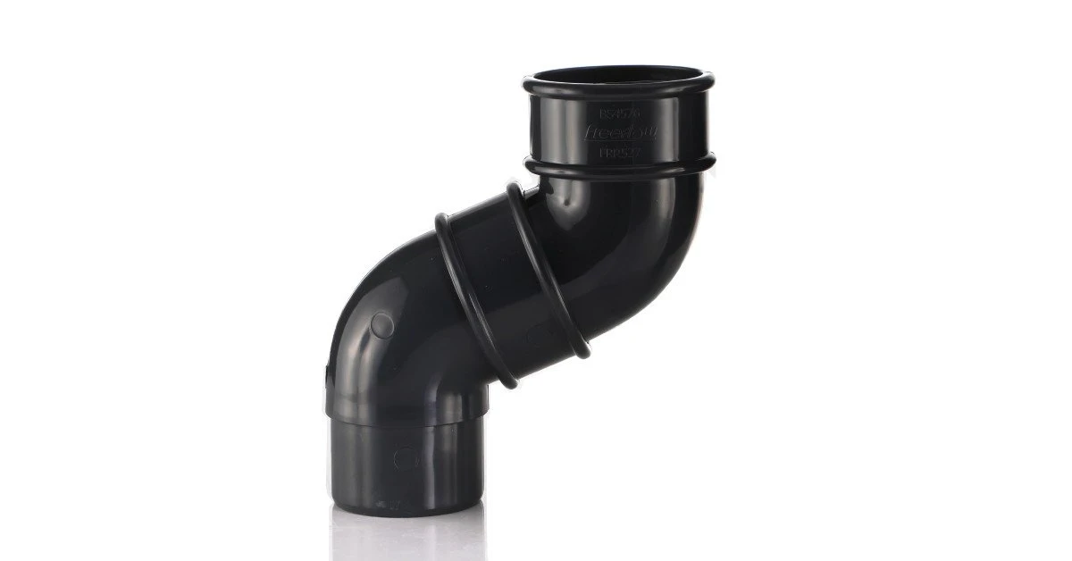 Pair of 112 degree black pipe bends to form a down pipe swan neck.