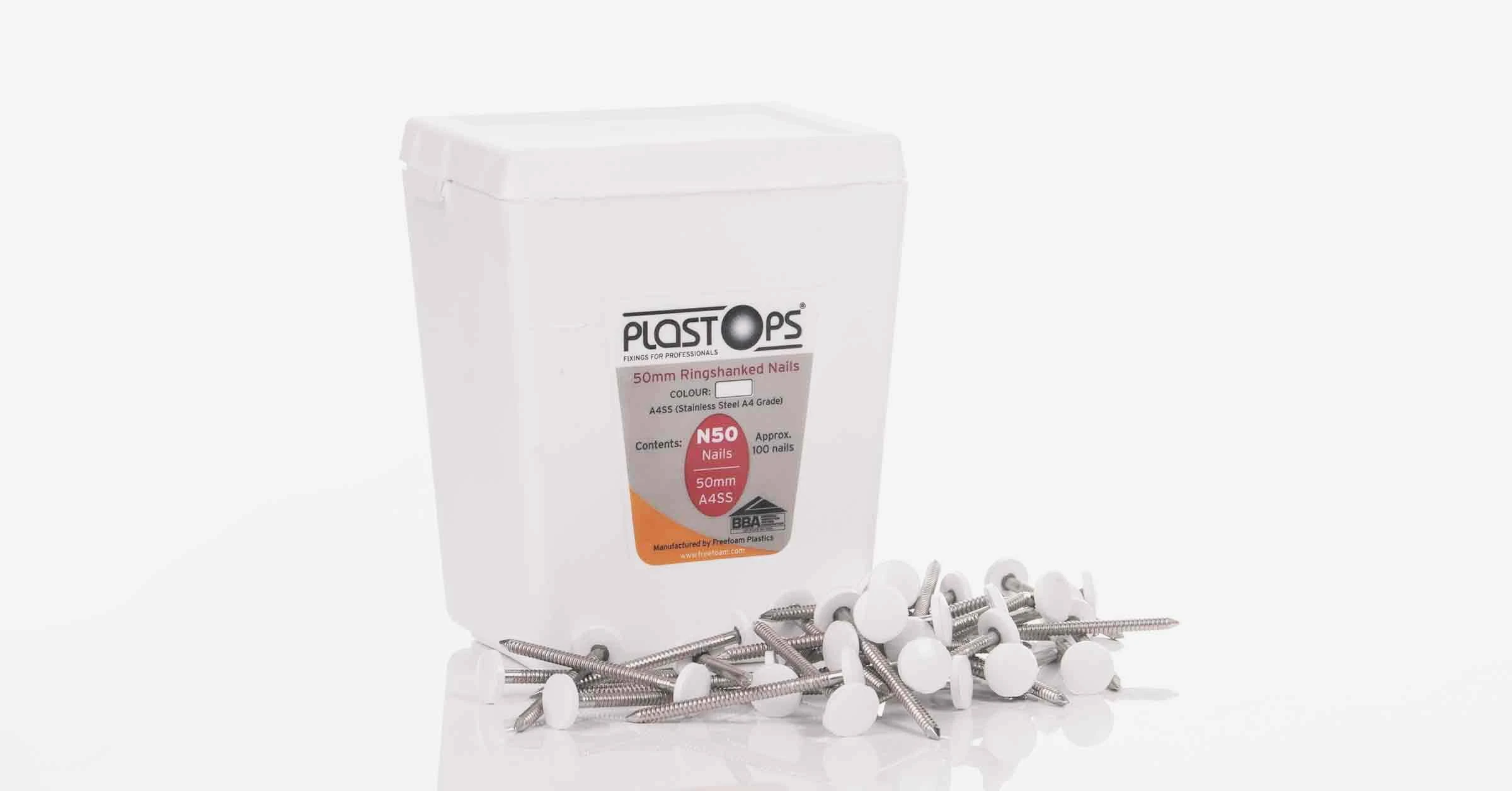 White Fascia Nails 50 mm Plastic Head Stainless Steel White fascia nails for fixing UPVC fascia boards.