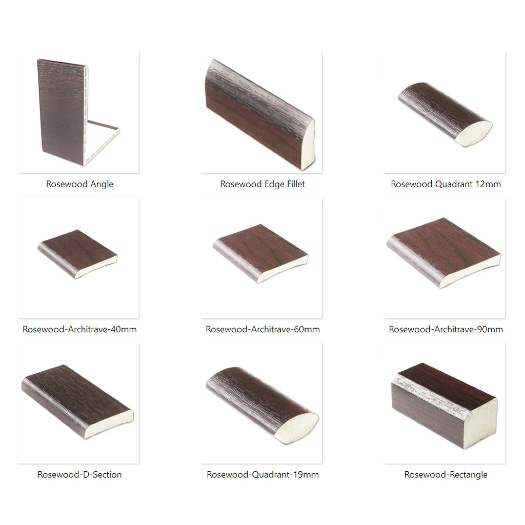 Foil covered UPVC trims in Rosewood a reddish dark wood finish