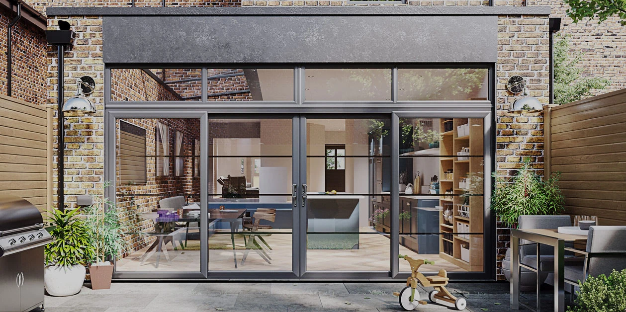 Shows a four pane sliding door. Two panes are fixed each side and the two middle panes slide from the middle one to the left and one to the right.