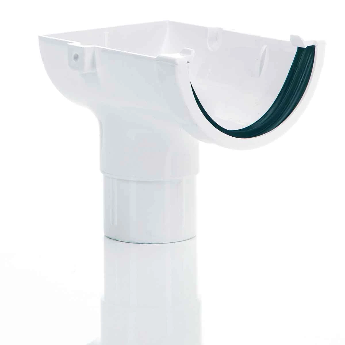Show a connector from gutter to downpipe that fits on to the end of a gutter run. This outlet has a stopped end one side.